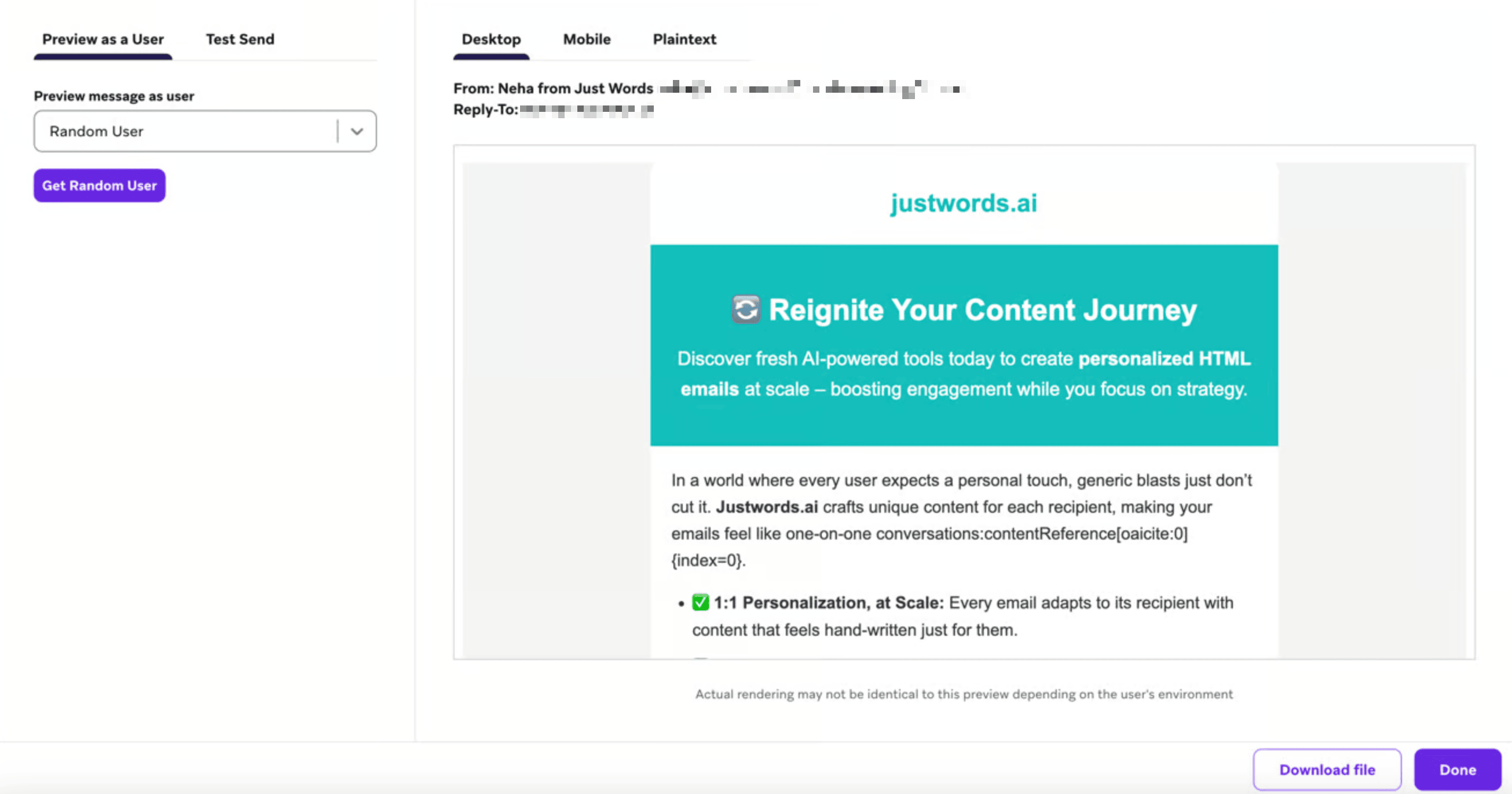 Just Words メールのの Braze メッセージプレビュー